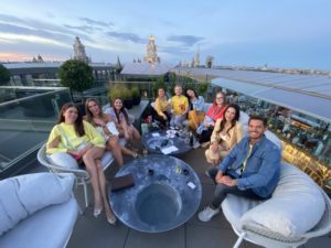 Rooftop bar with a table and cocktails for Budapest's Hellish Bachelor Party.
